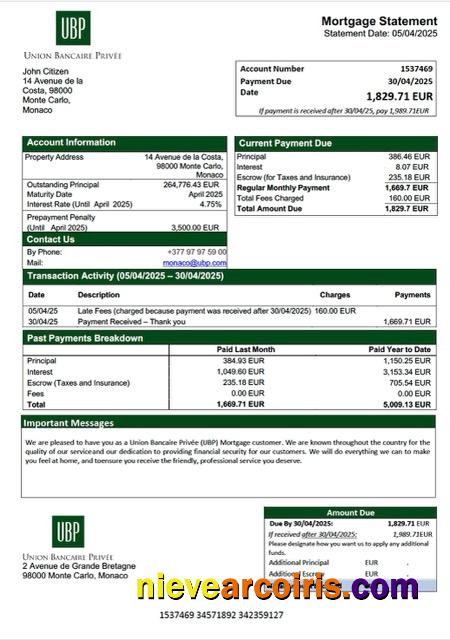 Monaco Union Bancaire Privée (UBP) mortgage statement Word and PDF template